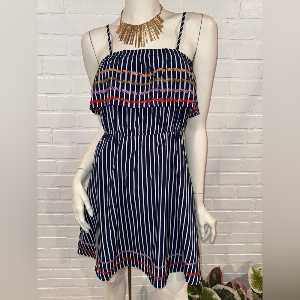 THML Navy Striped Ruffle Mini Dress with Colorful Accents